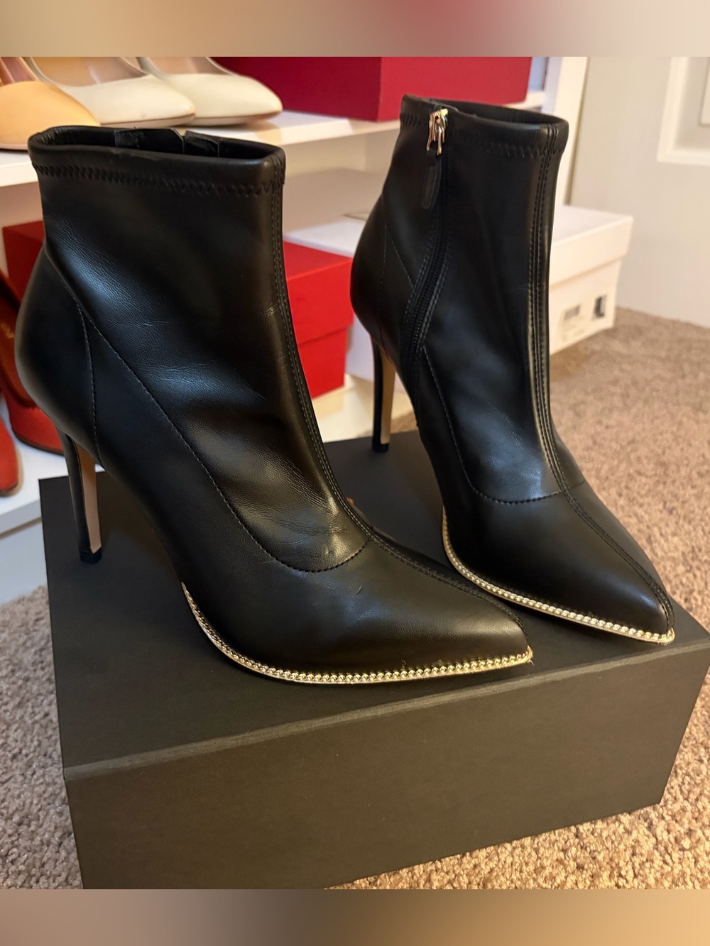 BCBGeneration Black Leather Pointed Toe Stiletto Booties with Gold Trim